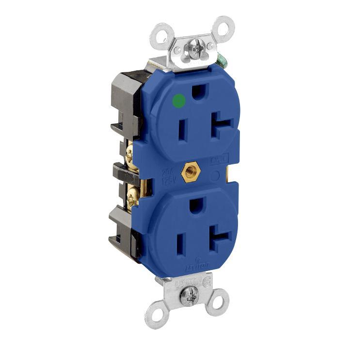 Leviton® 8300-BU Duplex Extra Heavy Duty Straight Blade Receptacle, 125 V AC, 20 A, 2 Poles, 3 Wires, Blue