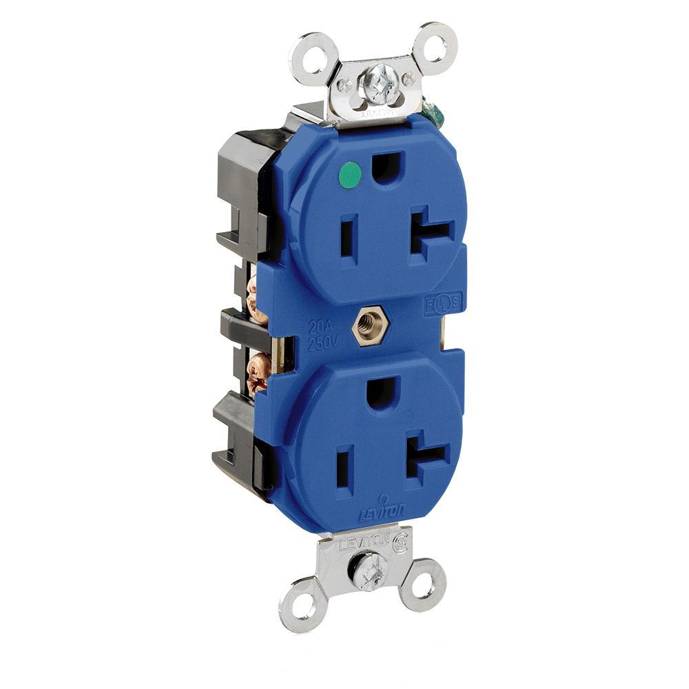 Leviton® 8300-HBU Duplex Heavy Duty Self-Grounding Straight Blade Receptacle, 125 V AC, 20 A, 2 Poles, 3 Wires, Blue