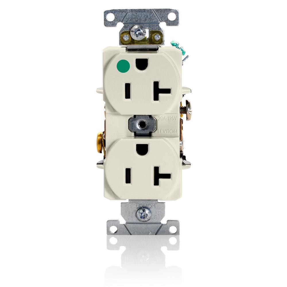 Leviton® 8300-HT Heavy Duty Slim Body Straight Blade Duplex Receptacle, 125 V AC, 20 A, 2 Poles, 3 Wires, Light Almond