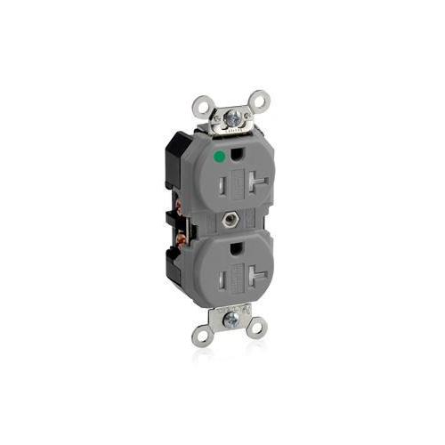 Leviton® 8300-SGG 1-Phase Duplex Extra Heavy Duty Tamper Resistant Straight Blade Receptacle, 125 V AC, 20 A, 2 Poles, 3 Wires, Gray