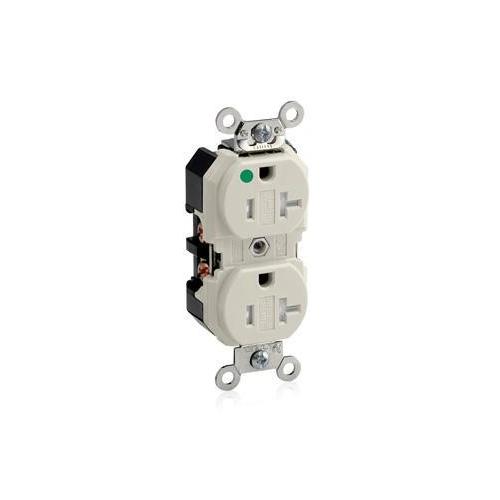 Leviton® 8300-SGT 1-Phase Duplex Extra Heavy Duty Tamper Resistant Straight Blade Receptacle, 125 V AC, 20 A, 2 Poles, 3 Wires, Light Almond