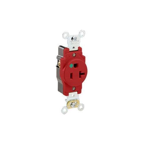 Leviton® 8310-R Extra Heavy Duty Single Straight Blade Receptacle, 125 V AC, 20 A, 2 Poles, 3 Wires, Red