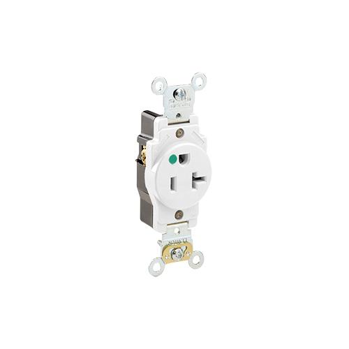 Leviton® 8310-W Extra Heavy Duty Single Straight Blade Receptacle, 125 V AC, 20 A, 2 Poles, 3 Wires, White