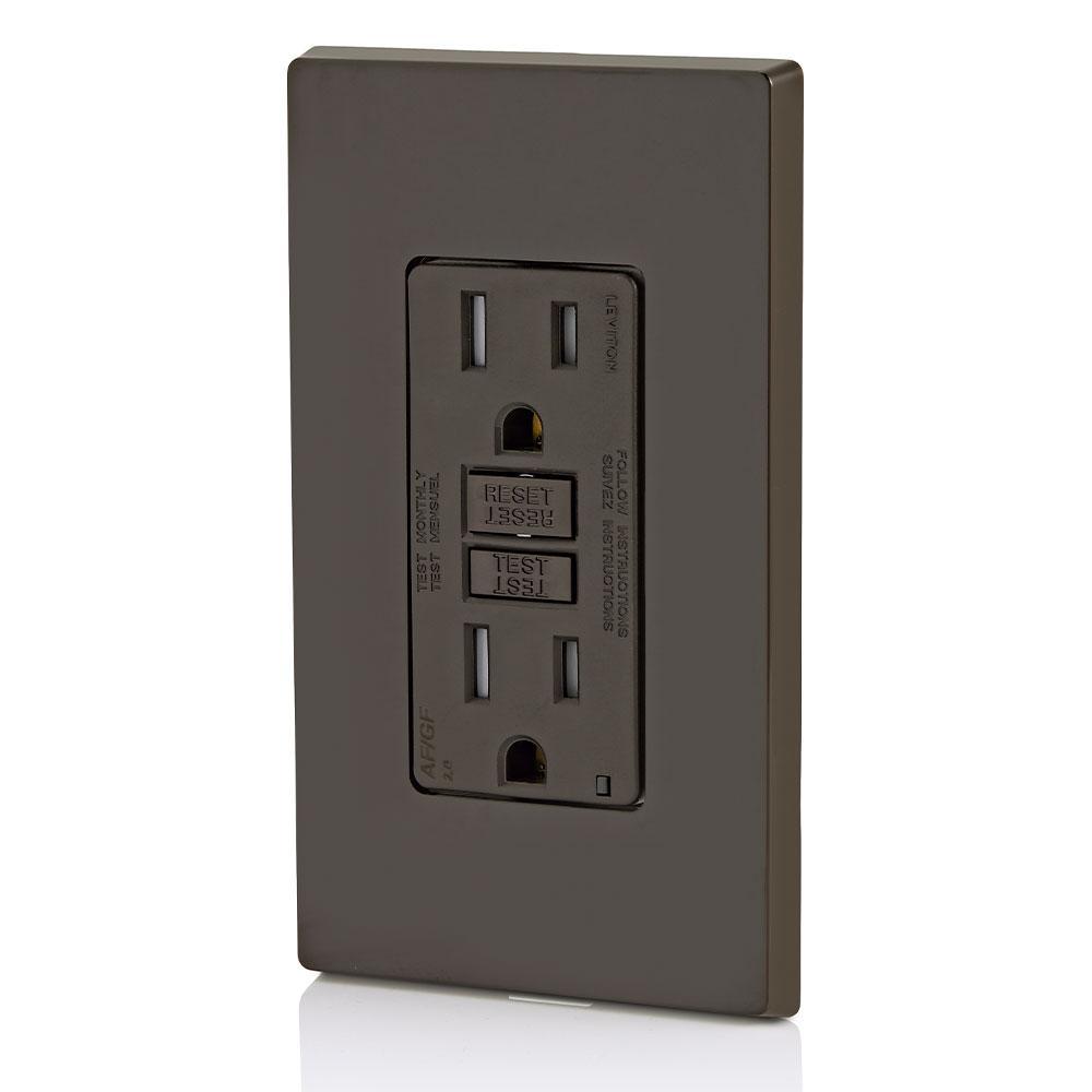 Leviton® Decora® AGTR1 Dual Function AFCI/GFCI Receptacle, 125 V AC, 15 A, 2 Poles, 3 Wires, Brown