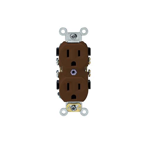 Leviton® BR15 Heavy Duty Narrow Body Straight Blade Duplex Receptacle, 125 V AC, 15 A, 2 Poles, 3 Wires, Brown