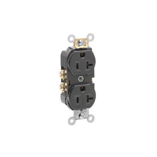 Leviton® BR20-E Heavy Duty Narrow Body Duplex Receptacle, 125 V AC, 20 A, 2 Poles, 3 Wires, Black