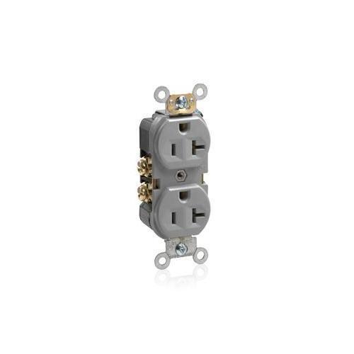 Leviton® BR20-GY Duplex Indented Face Self-Grounding Standard Straight Blade Receptacle, 125 V AC, 20 A, 2 Poles, 3 Wires, Gray