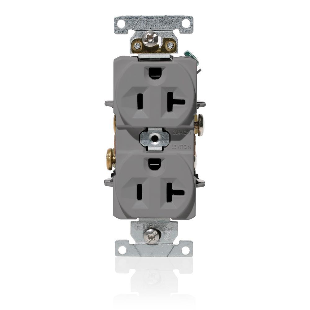 Leviton® C5362-GY Duplex Heavy Duty Indented Face Self-Grounding Straight Blade Receptacle, 125 V AC, 20 A, 2 Poles, 3 Wires, Gray
