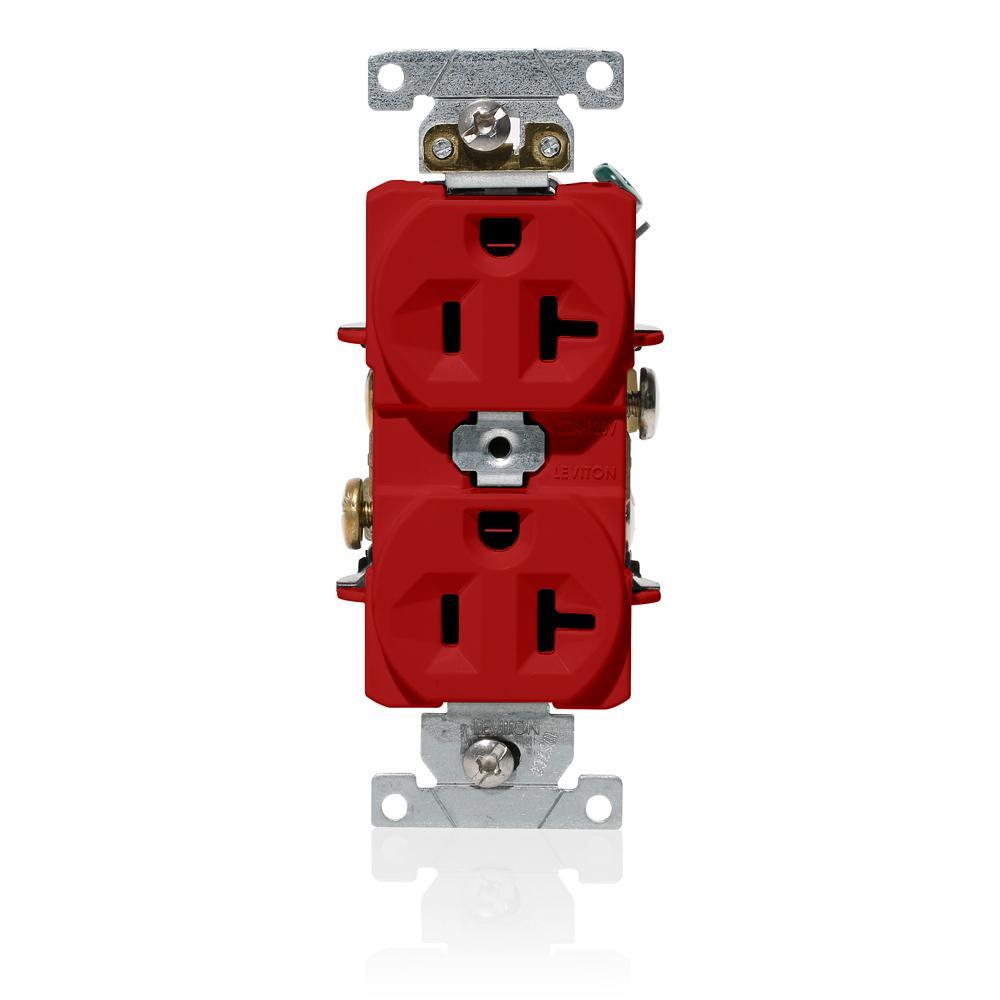 Leviton® C5362-R Duplex Heavy Duty Indented Face Self-Grounding Straight Blade Receptacle, 125 V AC, 20 A, 2 Poles, 3 Wires, Red