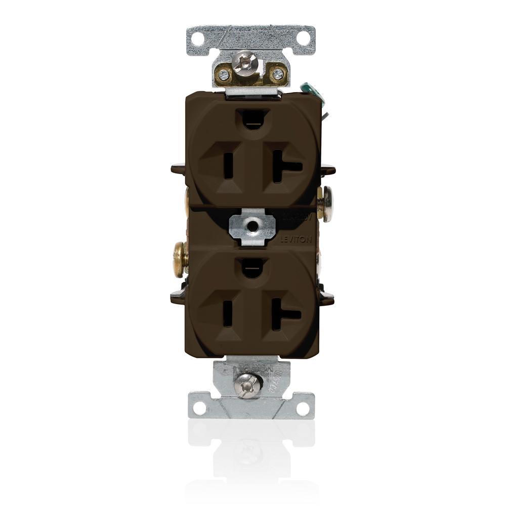 Leviton® C5362 Duplex Heavy Duty Indented Face Self-Grounding Straight Blade Receptacle, 125 V AC, 20 A, 2 Poles, 3 Wires, Brown