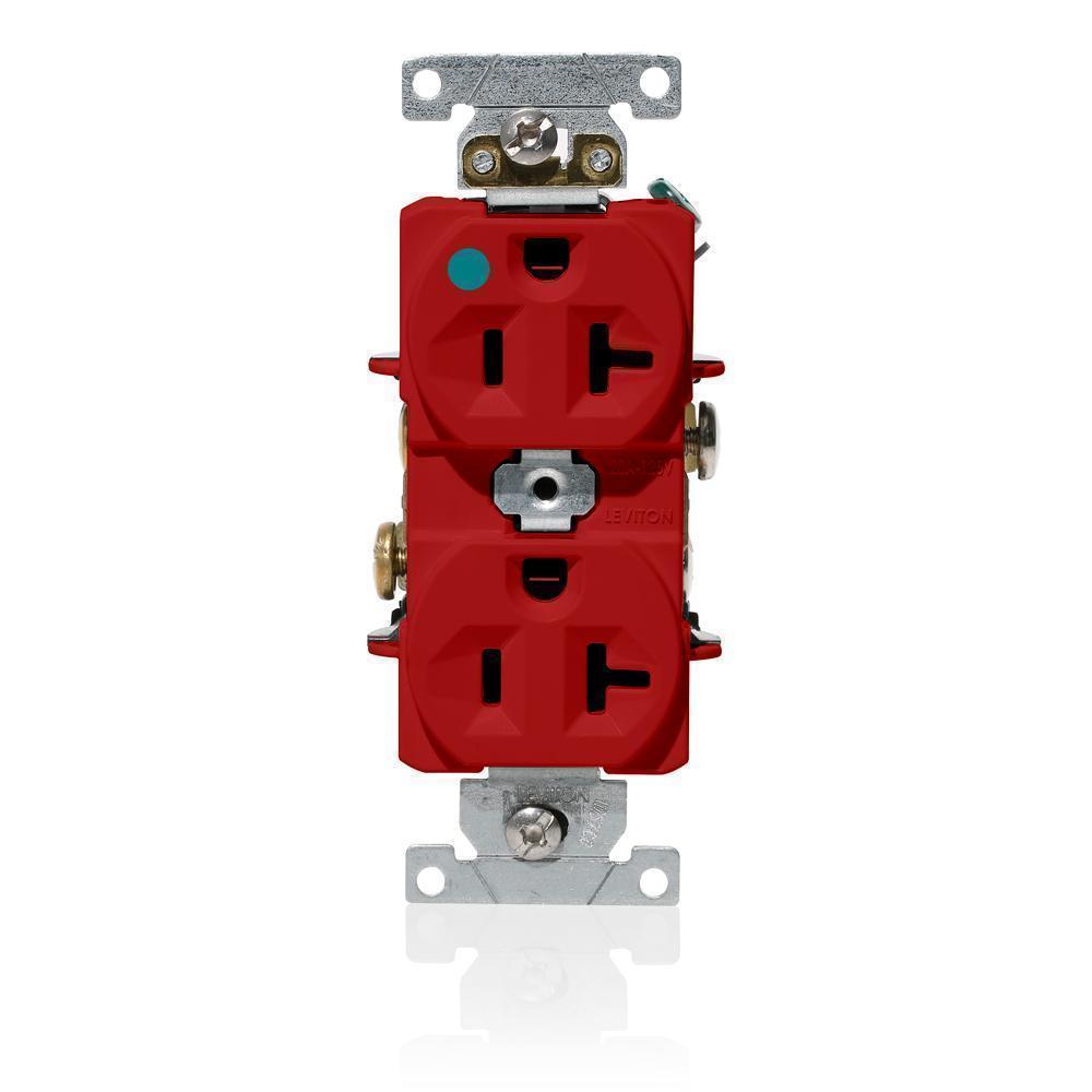 Leviton® C8300-R Duplex Heavy Duty Indented Face Self-Grounding Straight Blade Receptacle, 125 V AC, 20 A, 2 Poles, 3 Wires, Red