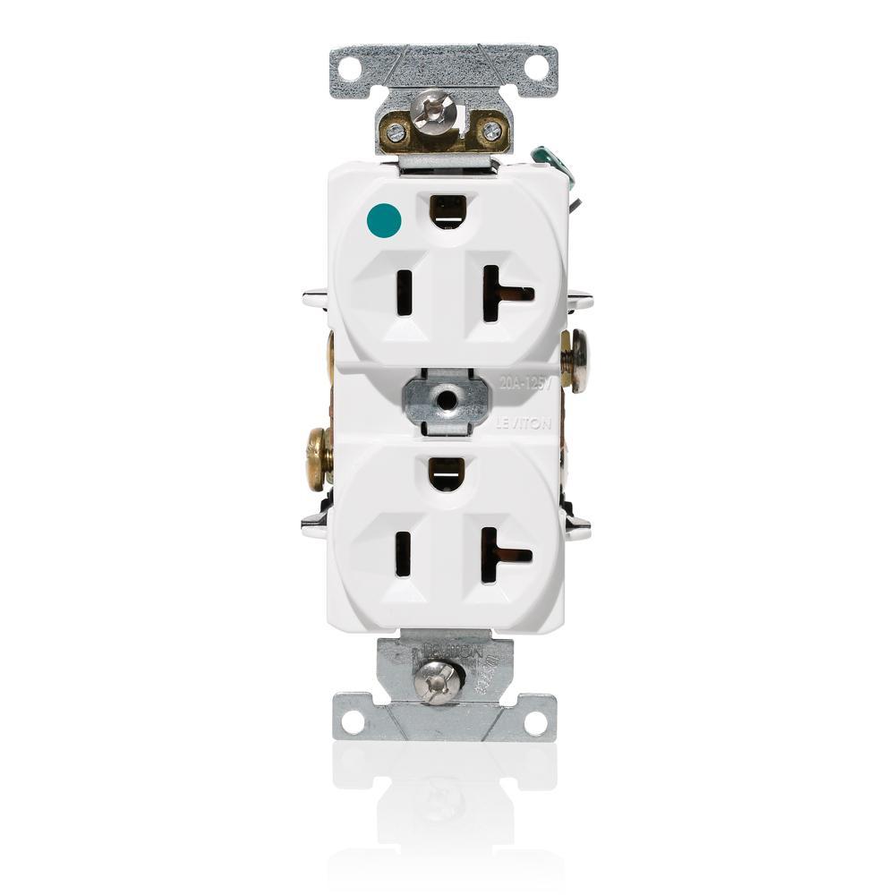 Leviton® C8300-W Duplex Heavy Duty Indented Face Self-Grounding Straight Blade Receptacle, 125 V AC, 20 A, 2 Poles, 3 Wires, White