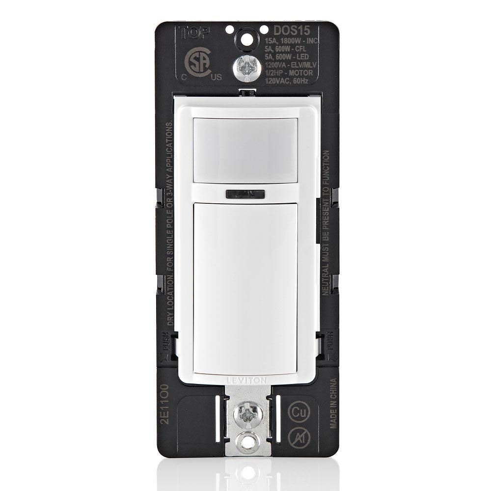 Leviton® DOS15-1LZ DOS15 Motion Sensor Light Switch, 120 V AC, Passive Infrared Sensor, 900 sq-ft Coverage, 180 deg Viewing, Wall Mounting