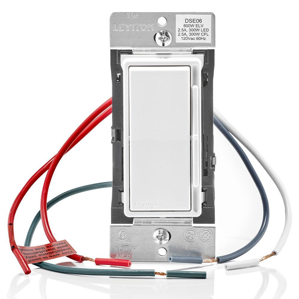 Leviton® Decora® DSE06-10Z 3-Way Electronic Low Voltage Dimmer Switch, 120 V AC, 1 Pole, ON/OFF Rocker Switch Operation, Ivory/Light Almond/White