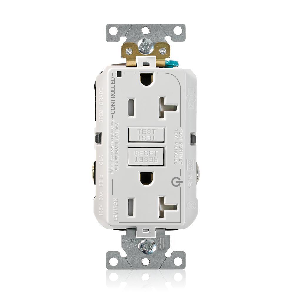 Leviton® SmartlockPro® G5362-2TW Dual Mark Controlled Extra Heavy Duty Self-Grounding Self-Test Tamper-Resistant Weather-Resistant GFCI Duplex Receptacle, 125 V AC, 20 A, 2 Poles, 3 Wires, White