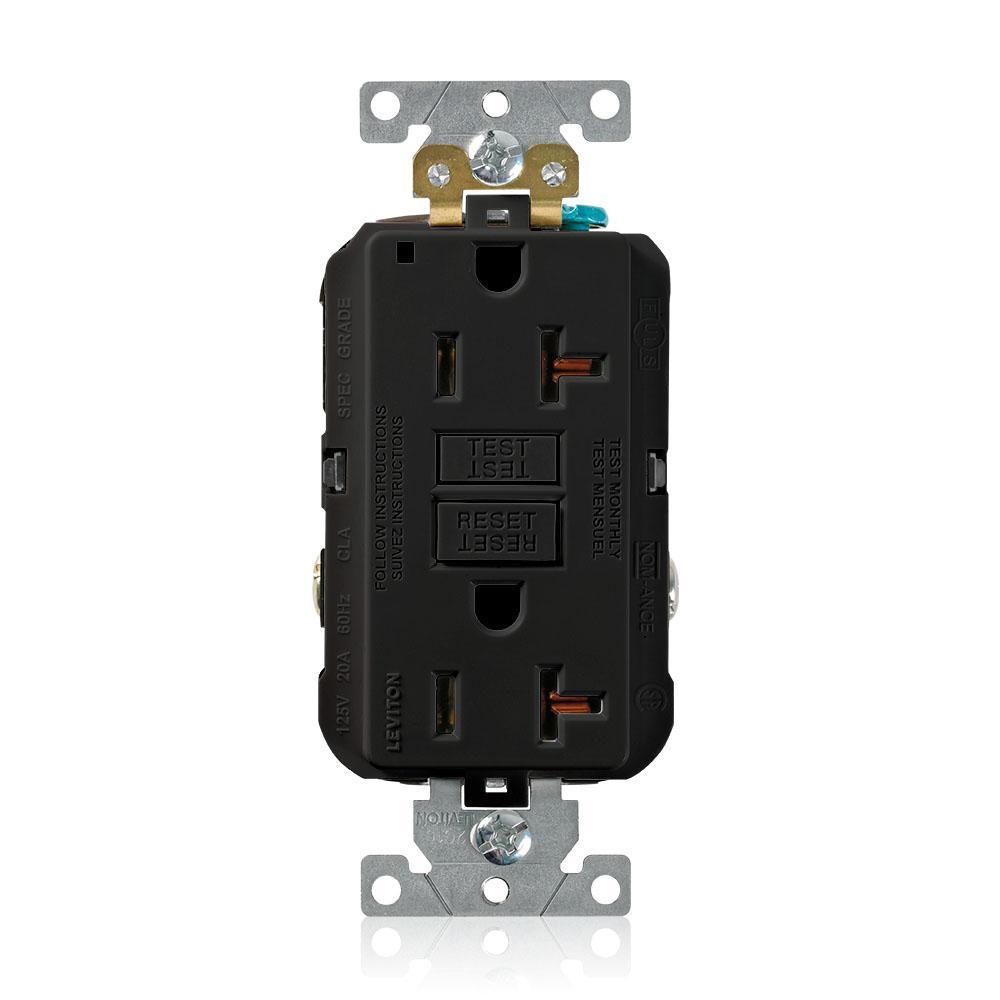 Leviton® SmartlockPro® G5362-E Duplex Extra Heavy Duty Self-Test Self-Grounding Non-Tamper-Resistant GFCI Receptacle, 125 V AC, 20 A, 2 Poles, 3 Wires, Black