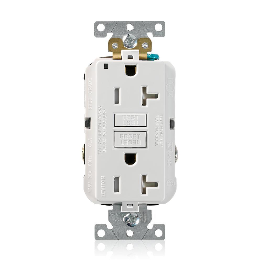Leviton® SmartlockPro® G5362-TW Extra Heavy Duty Self-Grounding Self-Test Tamper-Resistant GFCI Duplex Receptacle Outlet, 125 V AC, 20 A, 2 Poles, 3 Wires, White