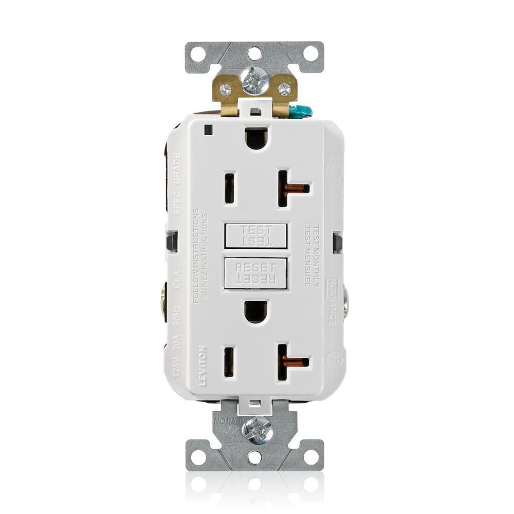 Leviton® SmartlockPro® G5362-W Extra Heavy Duty Non-Tamper-Resistant Self-Grounding Self-Test GFCI Duplex Receptacle, 125 V AC, 20 A, 2 Poles, 3 Wires, White