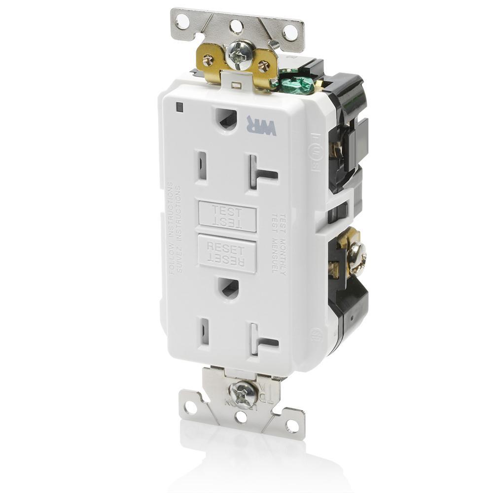 Leviton® SmartlockPro® Slim® G5362-WTW Duplex Feed Through Self-Test Tamper/Weather Resistant GFCI Receptacle, 125 V AC, 20 A, 2 Poles, 3 Wires, White