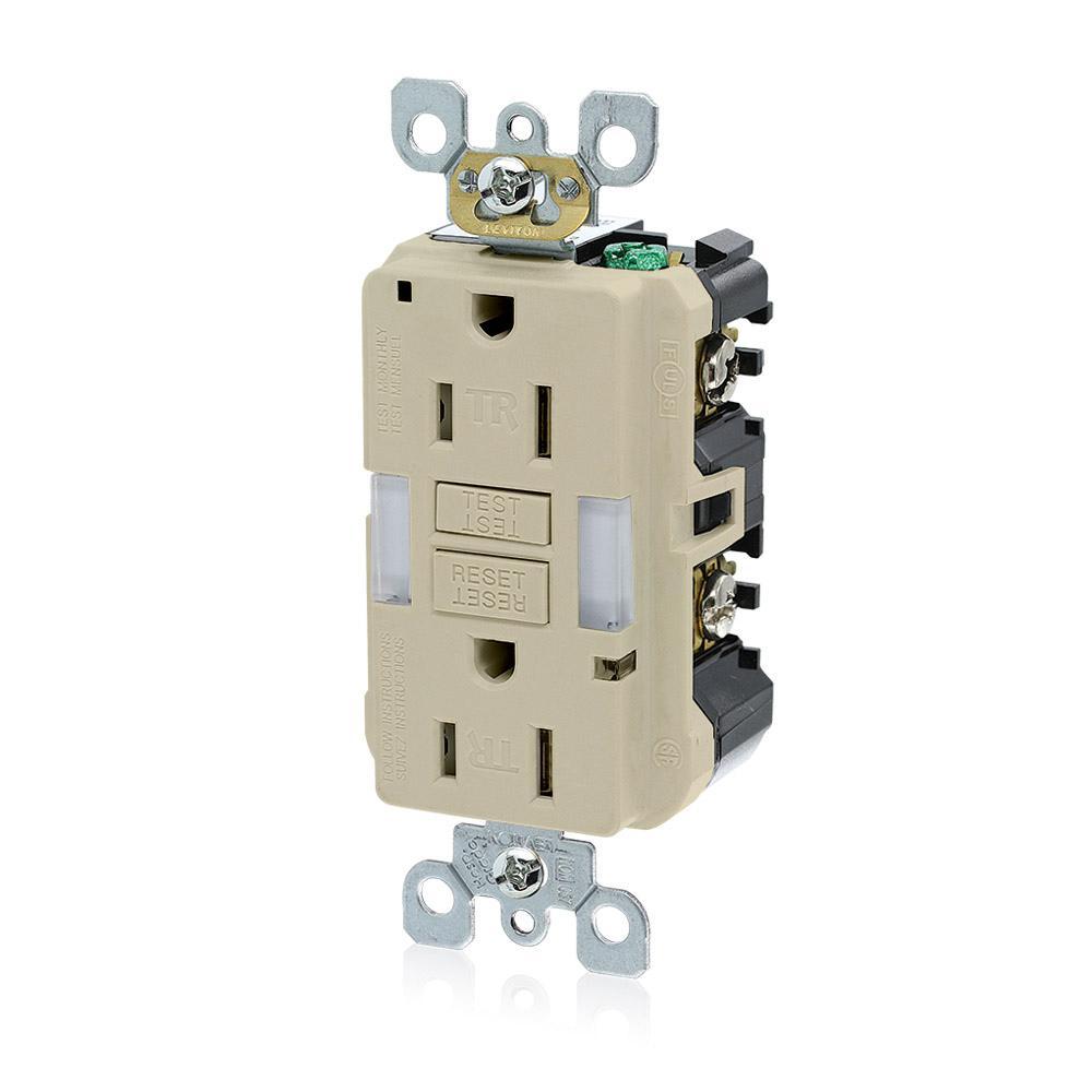 Leviton® SmartlockPro® Slim® GFNL1-I Duplex Feed Through Guidelight Monochromatic Self-Test Slim Tamper Resistant GFCI Receptacle With LED Indicator, 125 V AC, 15 A, 2 Poles, 3 Wires, Ivory