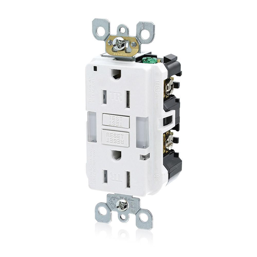 Leviton® SmartlockPro® Slim® GFNL1-W Duplex Feed Through Guidelight Monochromatic Self-Test Slim Tamper Resistant GFCI Receptacle With LED Indicator, 125 V AC, 20 A, 2 Poles, 3 Wires, White