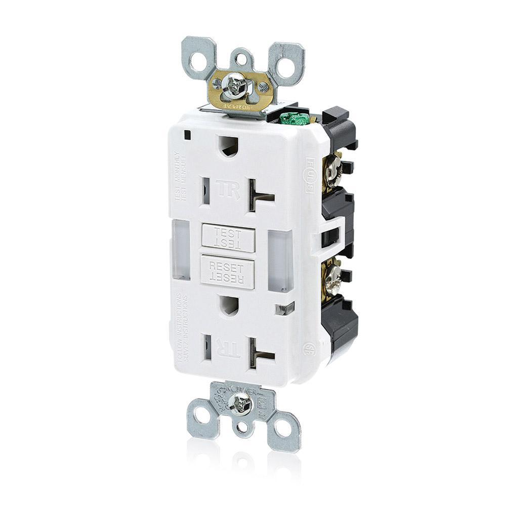 Leviton® SmartlockPro® Slim® GFNL2-W Duplex Feed Through Guidelight Monochromatic Self-Test Slim Tamper Resistant GFCI Receptacle With LED Indicator, 125 V AC, 20 A, 2 Poles, 3 Wires, White