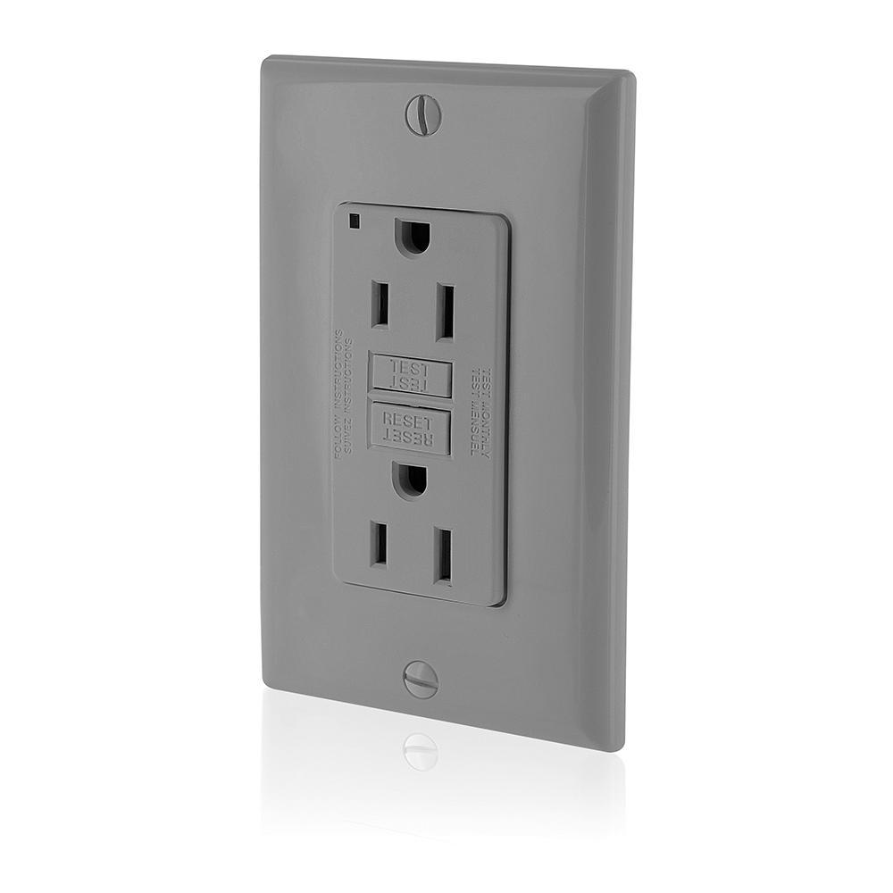 Leviton® SmartlockPro® Slim® GFNT1-GY Duplex Monochromatic Non-Tamper Resistant Self-Test GFCI Receptacle With Wallplate, LED Indicator, 125 V AC, 15 A, 2 Poles, 3 Wires, Gray