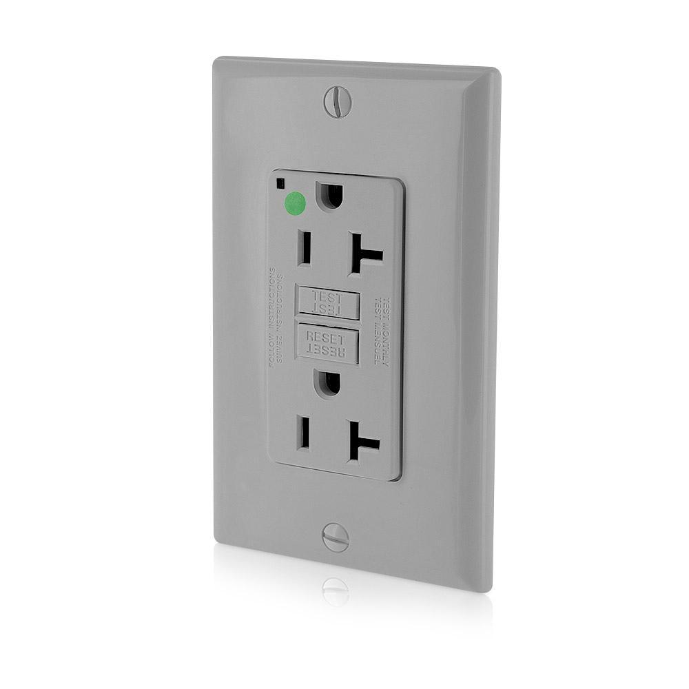 Leviton® SmartlockPro® Slim® GFNT2-HGG Duplex Feed Through Non-Tamper Resistant Self-Test GFCI Receptacle, 125 V AC, 20 A, 2 Poles, 3 Wires, Gray