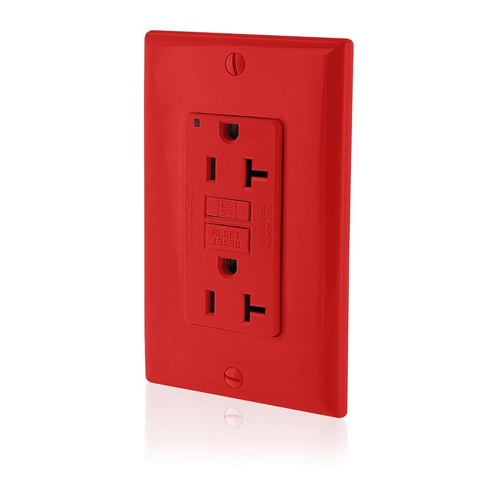 Leviton® SmartlockPro® Slim® GFNT2-R Feed Through Non-Tamper Resistant Self-Test Standard Duplex GFCI Receptacle With LED Indicator, 125 V AC, 20 A, 2 Poles, 3 Wires, Red