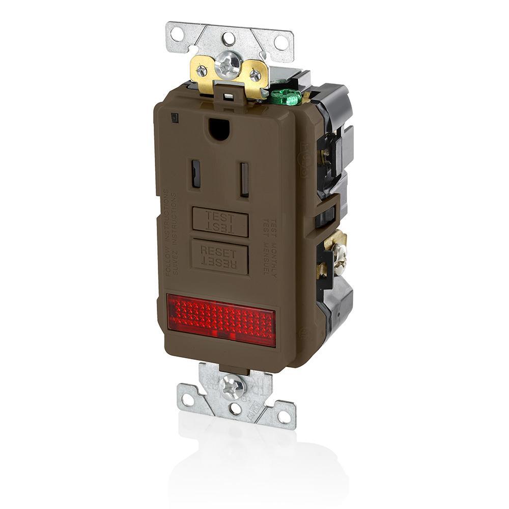 Leviton® SmartlockPro® Slim® GFPL1-PL Feed Through Self-Test Single Tamper Resistant GFCI Receptacle With LED Pilot Light, 125 V AC, 15 A, 2 Poles, 3 Wires, Brown