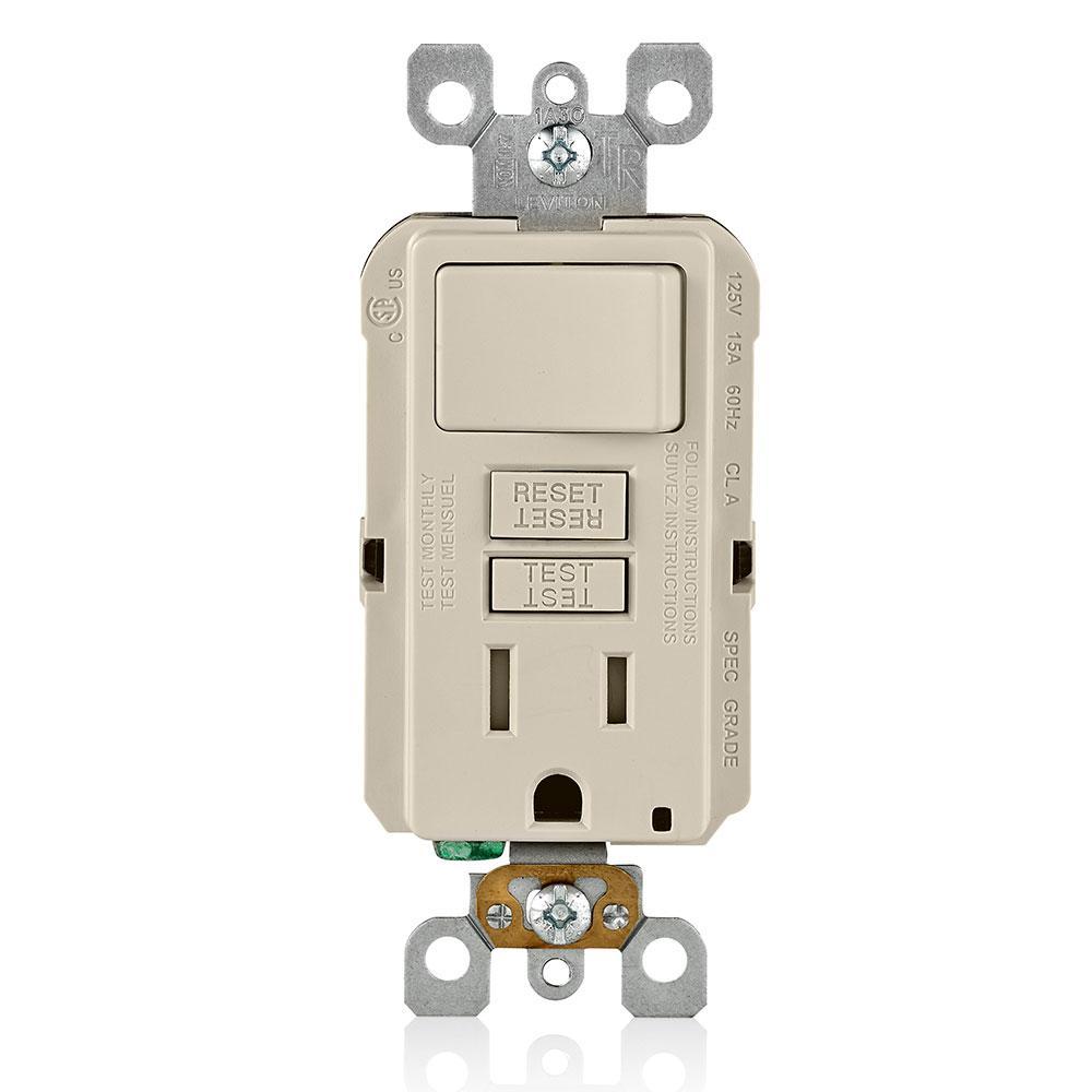 Leviton® SmartlockPro® Slim® GFSW1-T GFCI Monochromatic Self-Test Single Slim Combination Switch and Receptacle With LED Indicator, 15 A, 125 V AC, 2 Poles, 3 Wires, 14 to 10 AWG Wire