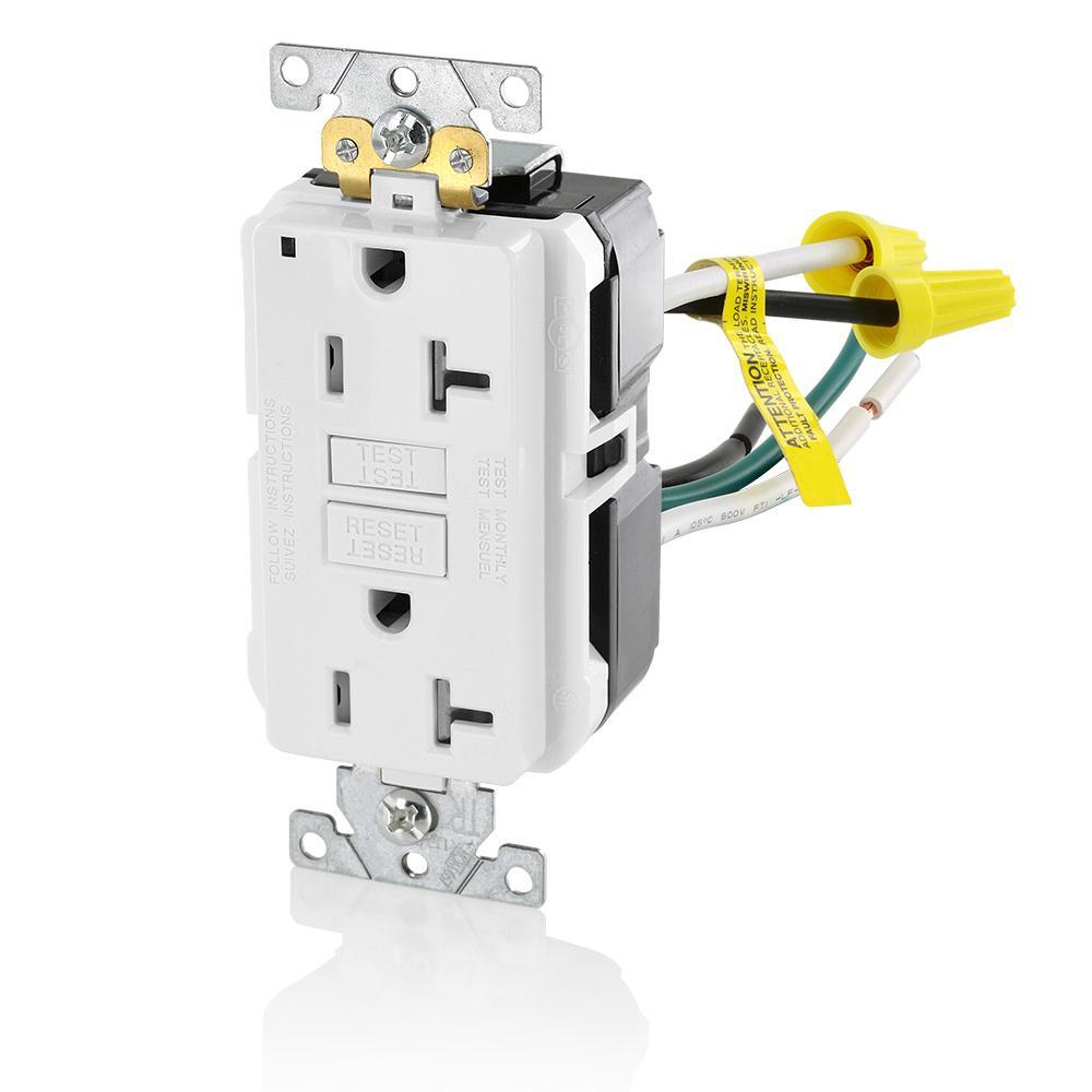 Leviton® SmartlockPro® Slim® GFTR2-5LW Duplex Self-Test Tamper Resistant GFCI Receptacle With Test, Reset Button, 125 V AC, 20 A, 2 Poles, 3 Wires, White