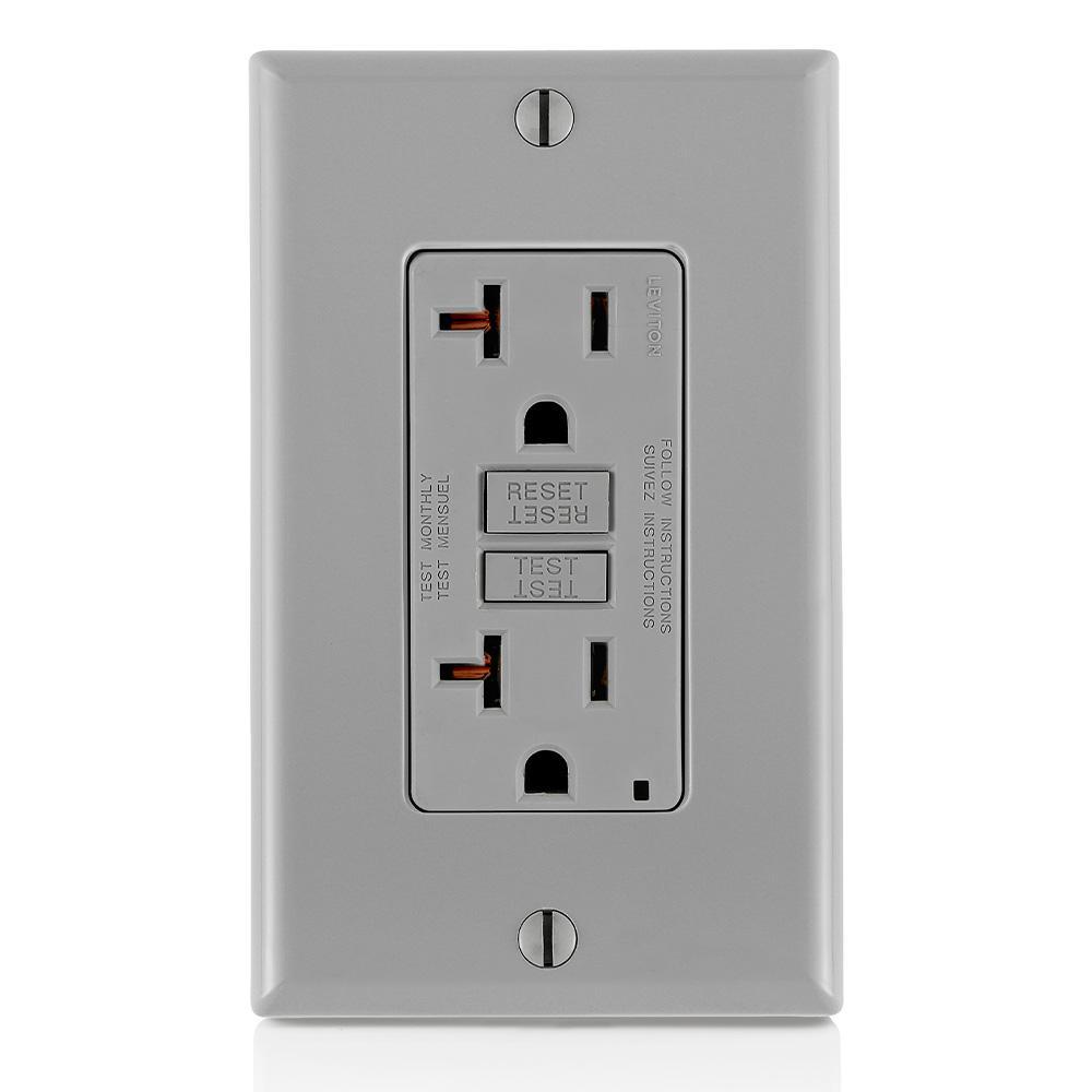 Leviton® GFTR2-GY Duplex Feed Through Self-Test Slim Standard Tamper Resistant GFCI Receptacle With Gray Test, Reset Button, 125 V AC, 20 A, 2 Poles, 3 Wires, Gray