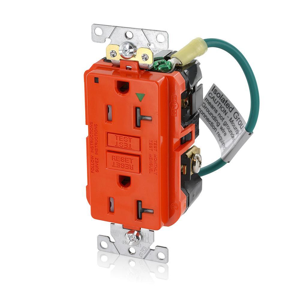 Leviton® SmartlockPro® Slim® GFTR2-IGO Duplex Feed Through Self-Test Tamper Resistant GFCI Receptacle, 125 V AC, 20 A, 2 Poles, 3 Wires, Orange