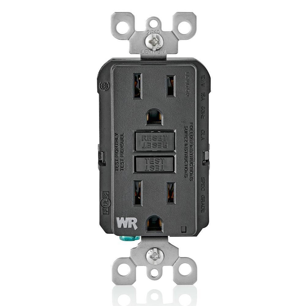 Leviton® SmartlockPro® GFWR1-E Extra Heavy Duty Feed-Through Self-Test Slim Weather-Resistant GFCI Receptacle Outlet, 125 V AC, 15 A, 2 Poles, 3 Wires, Black