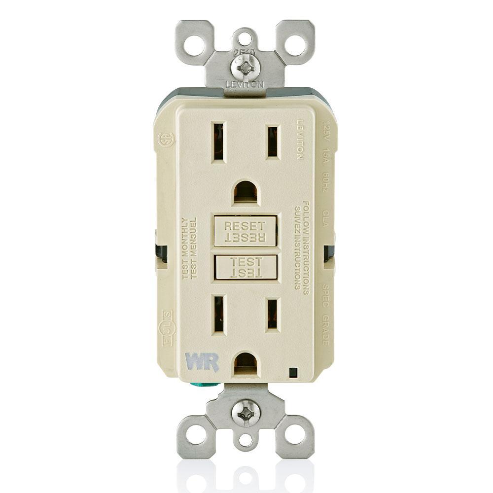 Leviton® SmartlockPro® GFWR1-I Extra Heavy Duty Feed-Through Monochromatic Self-Test Slim Weather-Resistant GFCI Receptacle Outlet, 125 V AC, 15 A, 2 Poles, 3 Wires, Ivory