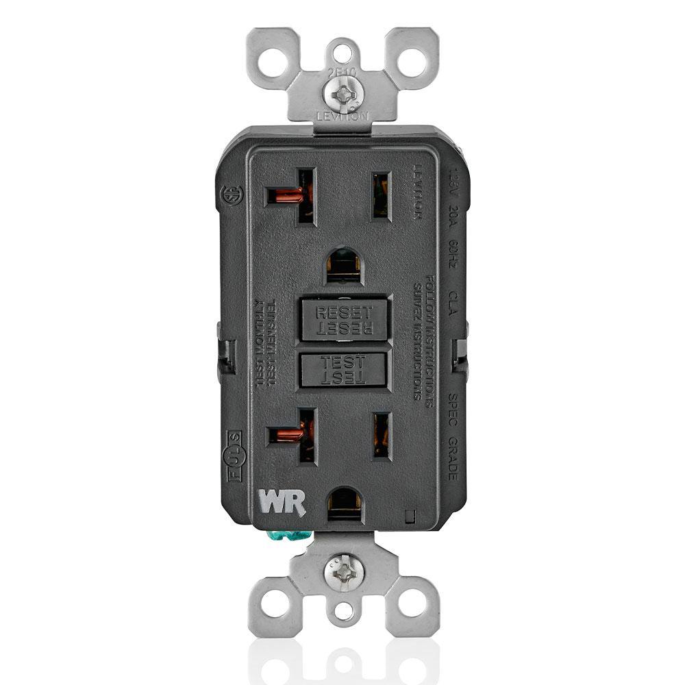Leviton® SmartlockPro® Slim® GFWR2-E Feed Through Non-Tamper Resistant Weather Resistant Self-Test GFCI Receptacle With LED Indicator, 125 V AC, 20 A, 2 Poles, 3 Wires, Black