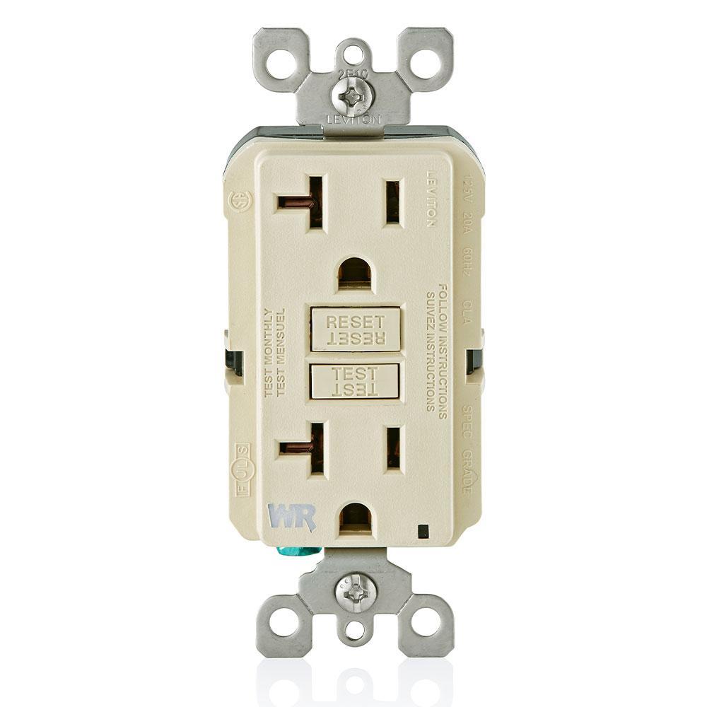 Leviton® SmartlockPro® GFWR2-I Extra Heavy Duty Feed-Through Monochromatic Self-Test Slim Weather-Resistant GFCI Receptacle Outlet, 125 V AC, 15 A, 2 Poles, 3 Wires, Ivory