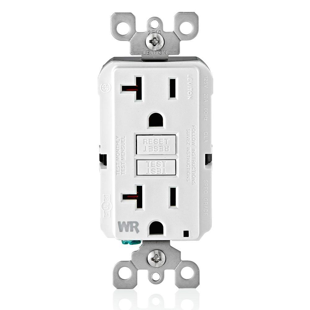 Leviton® SmartlockPro® Slim® GFWR2-W Feed Through Non-Tamper Resistant Weather Resistant Self-Test GFCI Receptacle With LED Indicator, 125 V AC, 20 A, 2 Poles, 3 Wires, White