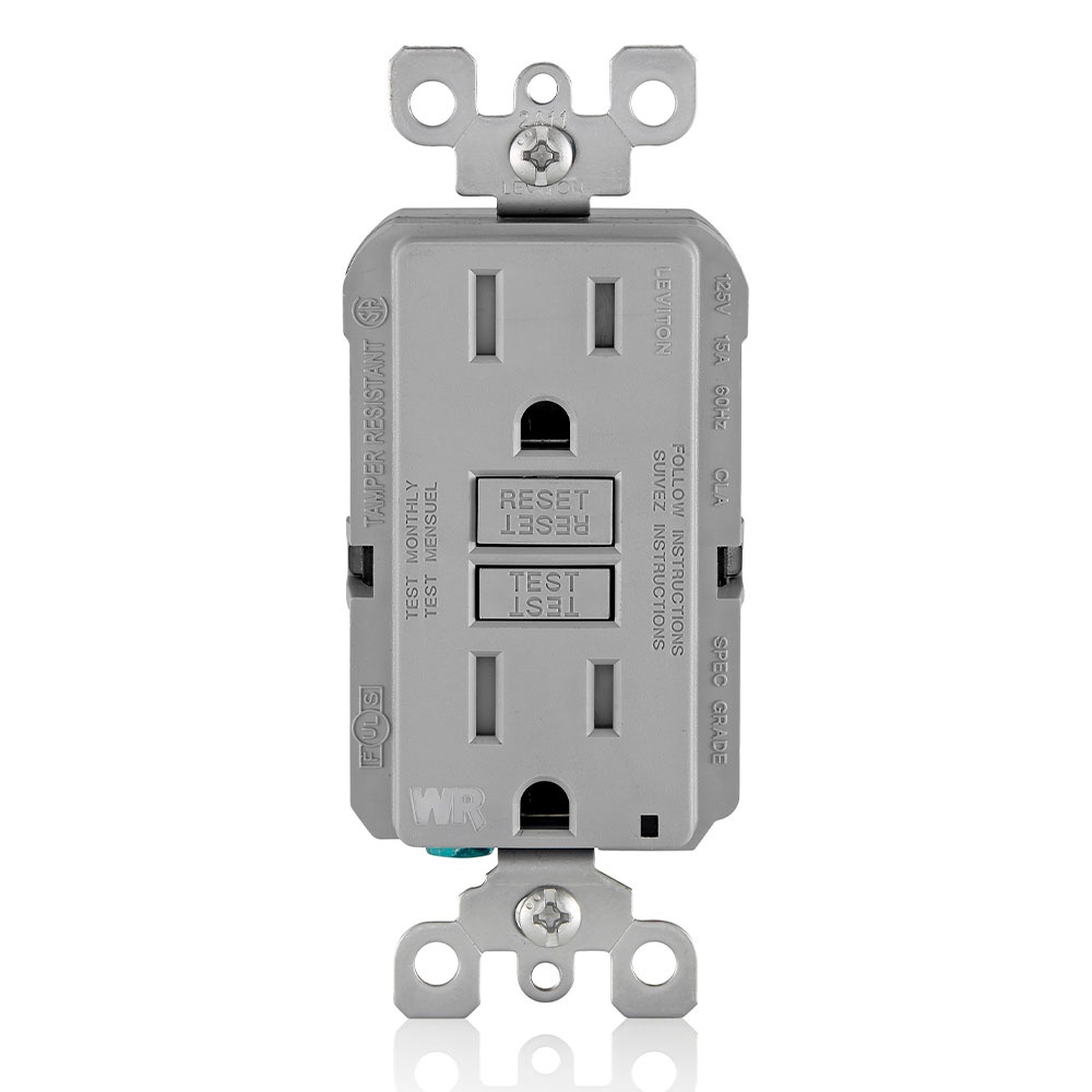 Leviton® GFWT1-GY Duplex Feed Through Self-Test Slim Tamper/Weather Resistant GFCI Receptacle With Gray Test, Reset Button, 125 V AC, 15 A, 2 Poles, 3 Wires, Gray