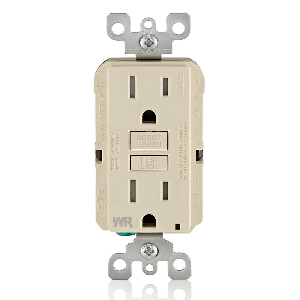 Leviton® GFWT1-T Duplex Feed Through Self-Test Slim Tamper/Weather Resistant GFCI Receptacle With Light Almond Test, Reset Button, 125 V AC, 15 A, 2 Poles, 3 Wires, Light Almond