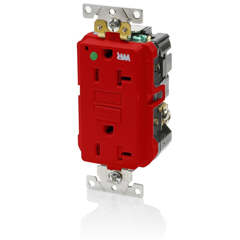 Leviton® SmartlockPro® Slim® GFWT2-HGR Duplex Feed Through Self-Test Tamper/Weather Resistant GFCI Receptacle, 125 V AC, 20 A, 2 Poles, 3 Wires, Red