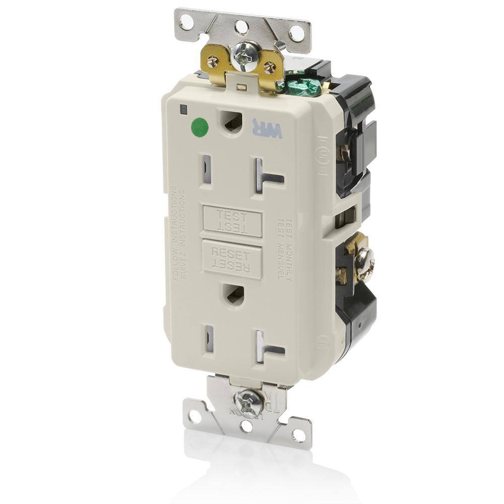Leviton® SmartlockPro® GFWT2-HGT Duplex Feed Through Self-Test Slim Tamper/Weather Resistant GFCI Receptacle, 125 V AC, 20 A, 2 Poles, 3 Wires, Light Almond