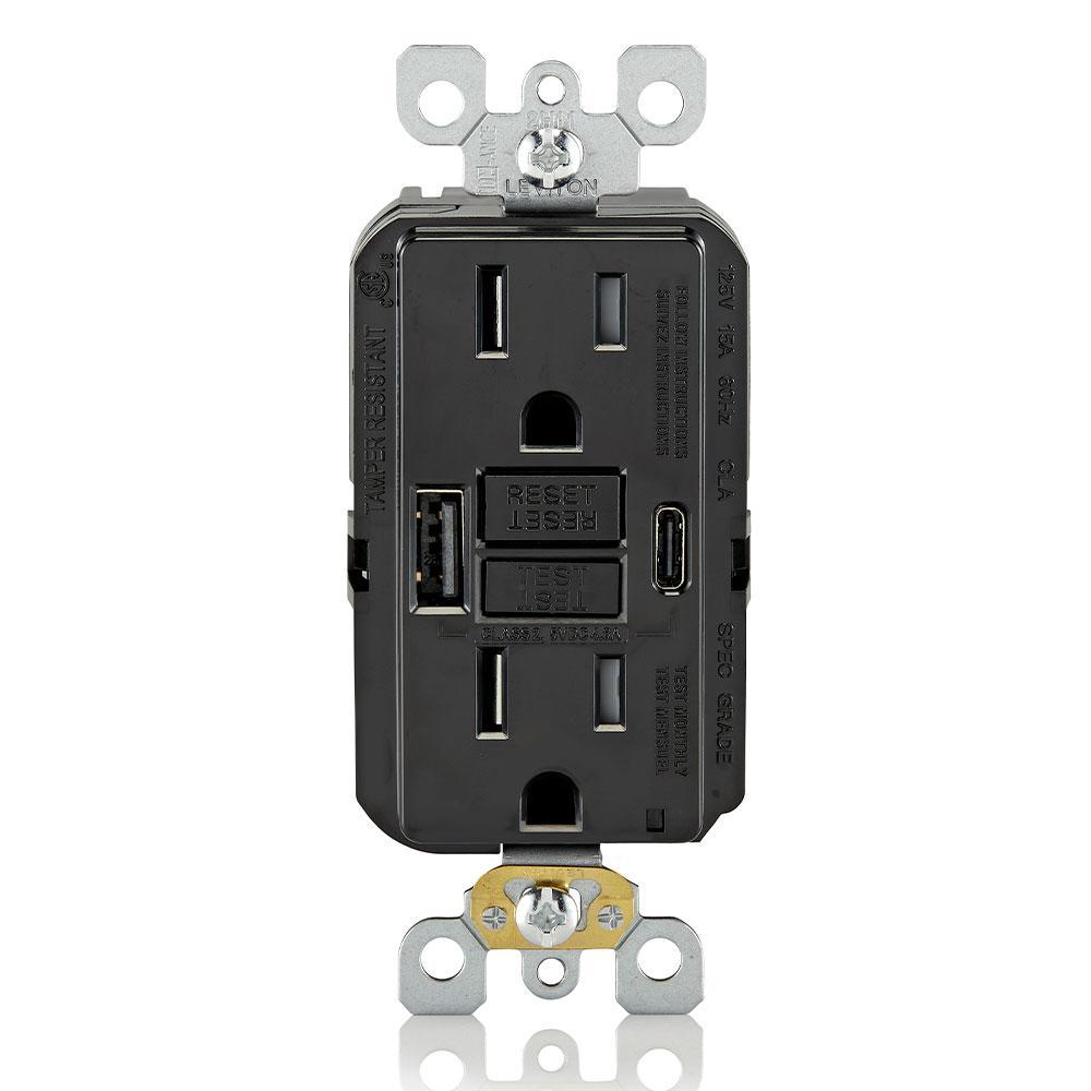 Leviton® GUAC1-E GUAC1 GFCI Charger Outlet, Female USB-A/Female USB-C Connector, Flush Mounting, Black