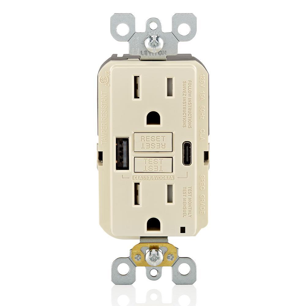 Leviton® GUAC1-T GUAC1 GFCI Charger Outlet, Female USB-A/Female USB-C Connector, Flush Mounting
