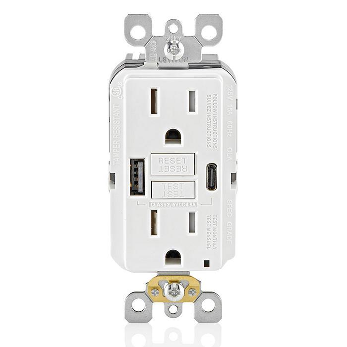 Leviton® GUAC1-W GUAC Charger Outlet, 125 V AC, 15 A, 2 Poles, 5 Wires, White