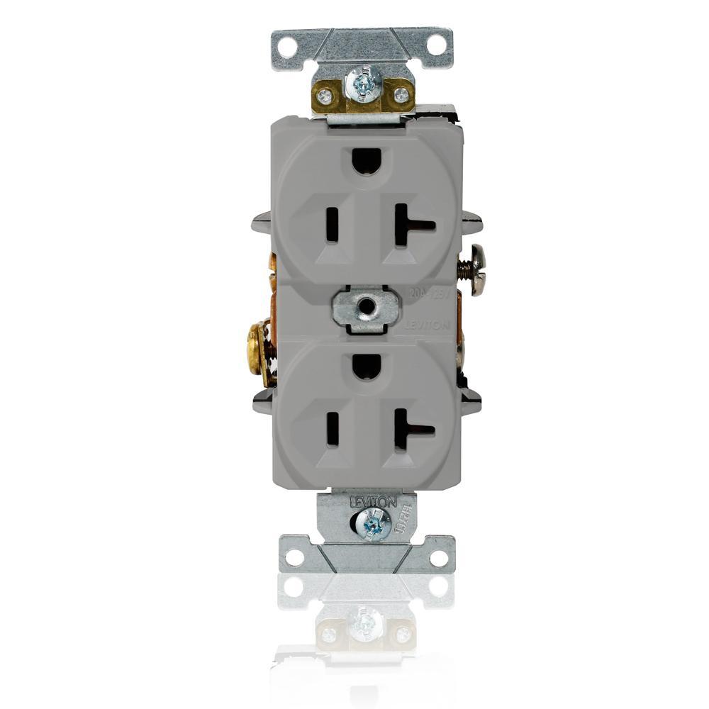 Leviton® L5362-GY L5362 Duplex Heavy Duty Indented Face Self-Grounding Standard Straight Blade Receptacle, 125 V AC, 20 A, 2 Poles, 3 Wires, Gray