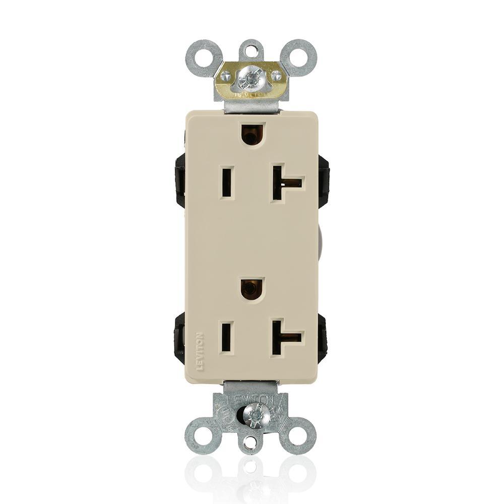 Leviton® Decora® Plus Lev-Lok® M1636-I 1-Phase Duplex Heavy Duty Self-Grounding Straight Blade Receptacle, 125 V AC, 20 A, 2 Poles, 3 Wires, Ivory