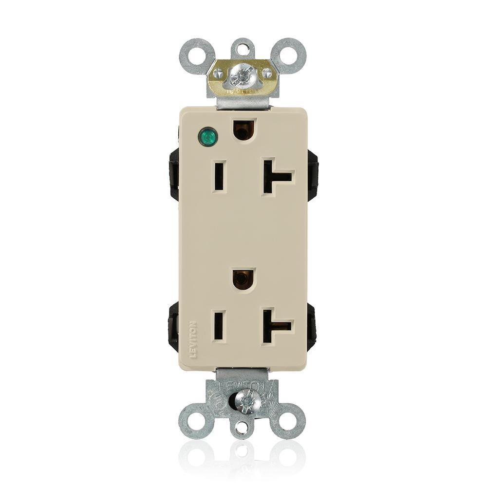 Leviton® M1636-PLI 1-Phase Duplex Extra Heavy Duty Power Indication Self-Grounding Straight Blade Receptacle, 125 V AC, 20 A, 2 Poles, 3 Wires, Ivory