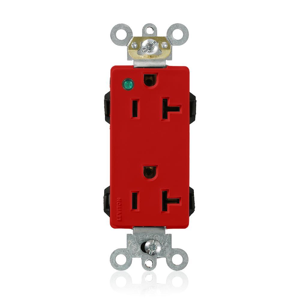 Leviton® M1636-PLR 1-Phase Duplex Extra Heavy Duty Power Indication Self-Grounding Straight Blade Receptacle, 125 V AC, 20 A, 2 Poles, 3 Wires, Red